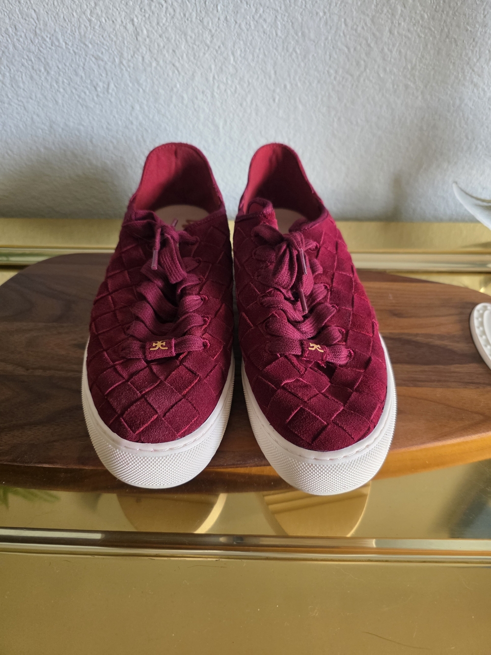Sam Edelman Burgundy Suede Woven Lace-Up Sneakers